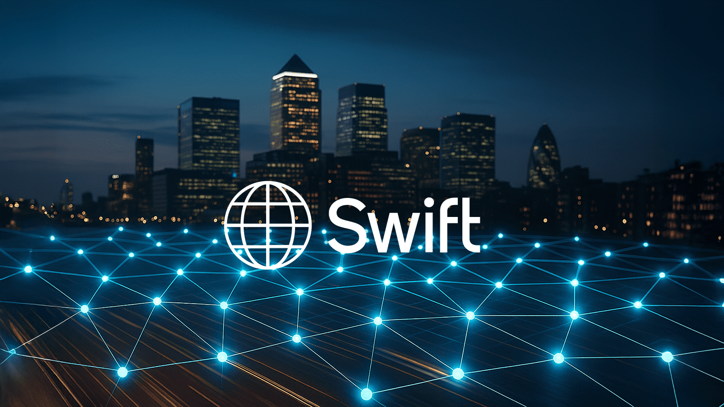 Photographic city skyline with glowing blockchain network overlay symbolizing SWIFT and global banks building a shared digital ledger.