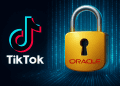 TikTok algorithm data stream secured by Oracle with digital lock overlay