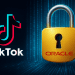 TikTok algorithm data stream secured by Oracle with digital lock overlay