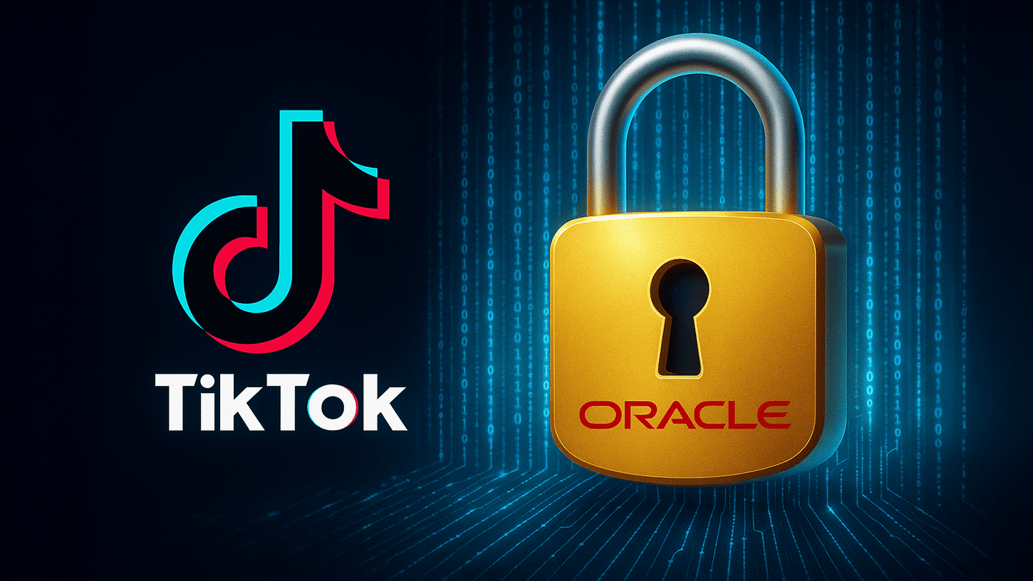 TikTok algorithm data stream secured by Oracle with digital lock overlay