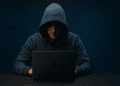 3D-rendered image of a hooded hacker working on a laptop surrounded by digital code and blue holographic data, symbolizing global cybercrime, privacy, and surveillance concerns.