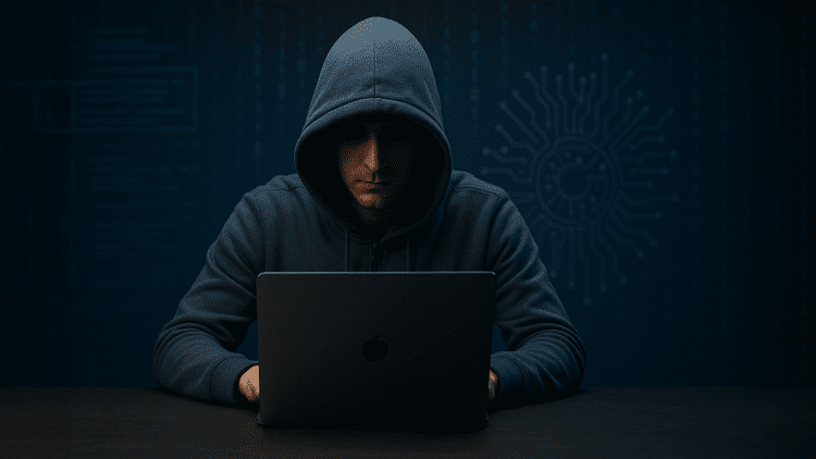 3D-rendered image of a hooded hacker working on a laptop surrounded by digital code and blue holographic data, symbolizing global cybercrime, privacy, and surveillance concerns.