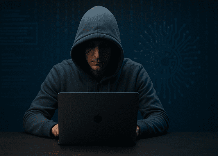 3D-rendered image of a hooded hacker working on a laptop surrounded by digital code and blue holographic data, symbolizing global cybercrime, privacy, and surveillance concerns.