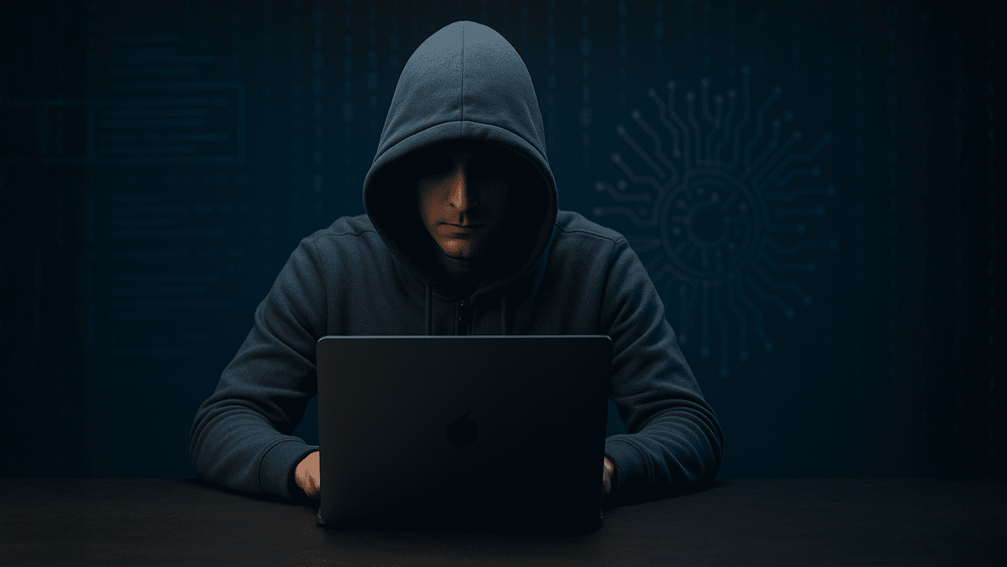 3D-rendered image of a hooded hacker working on a laptop surrounded by digital code and blue holographic data, symbolizing global cybercrime, privacy, and surveillance concerns.