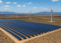 AI-generated aerial view of a South African renewable energy site featuring solar panels and wind turbines, symbolizing the EU’s €11.5B investment in clean energy and sustainable growth.