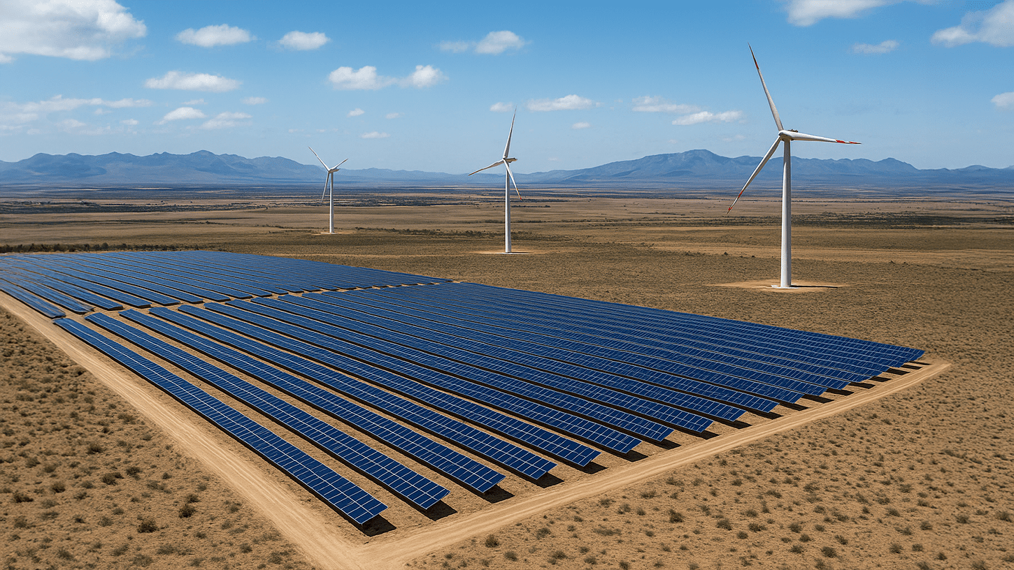 AI-generated aerial view of a South African renewable energy site featuring solar panels and wind turbines, symbolizing the EU’s €11.5B investment in clean energy and sustainable growth.