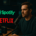 AI-generated image showing a podcast host recording in a sleek studio with Spotify and Netflix logos illuminated on screens behind him, representing the collaboration bringing video podcasts to streaming platforms.