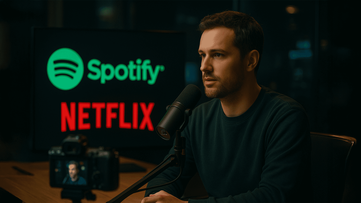 AI-generated image showing a podcast host recording in a sleek studio with Spotify and Netflix logos illuminated on screens behind him, representing the collaboration bringing video podcasts to streaming platforms.