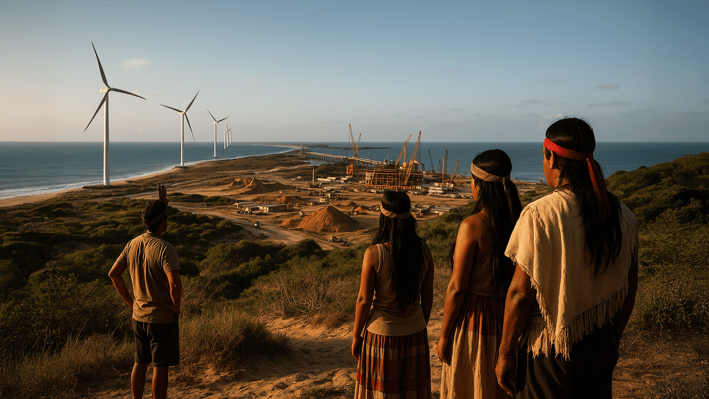 AI-generated photo-realistic image depicting the Pecém port area in Ceará, Brazil, with Indigenous people observing coastal construction and wind turbines, representing the TikTok data center land dispute.
