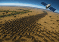 A 3D realistic view of a satellite tracking wildebeest herds across the Serengeti-Mara plains using AI technology, blending innovation with nature.