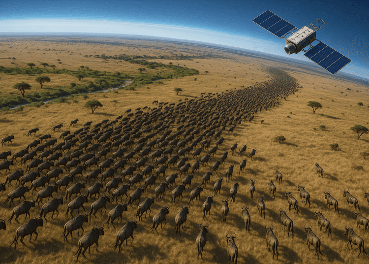 A 3D realistic view of a satellite tracking wildebeest herds across the Serengeti-Mara plains using AI technology, blending innovation with nature.