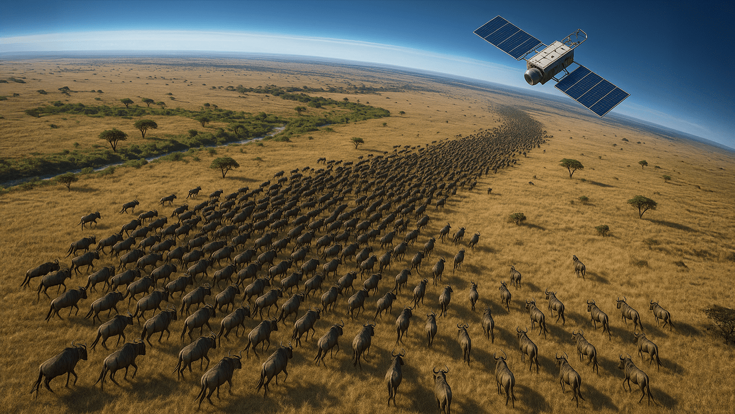 A 3D realistic view of a satellite tracking wildebeest herds across the Serengeti-Mara plains using AI technology, blending innovation with nature.