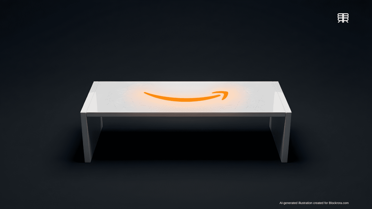 A sleek white smart table surface featuring a glowing orange Amazon smile logo surrounded by minimalist geometric etched patterns.