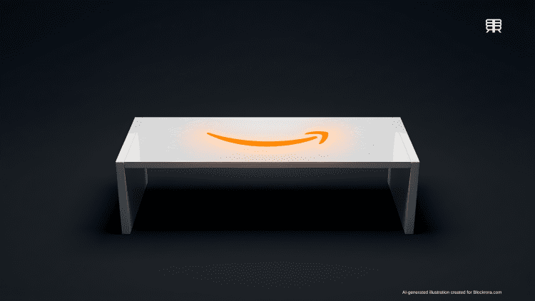 A sleek white smart table surface featuring a glowing orange Amazon smile logo surrounded by minimalist geometric etched patterns.