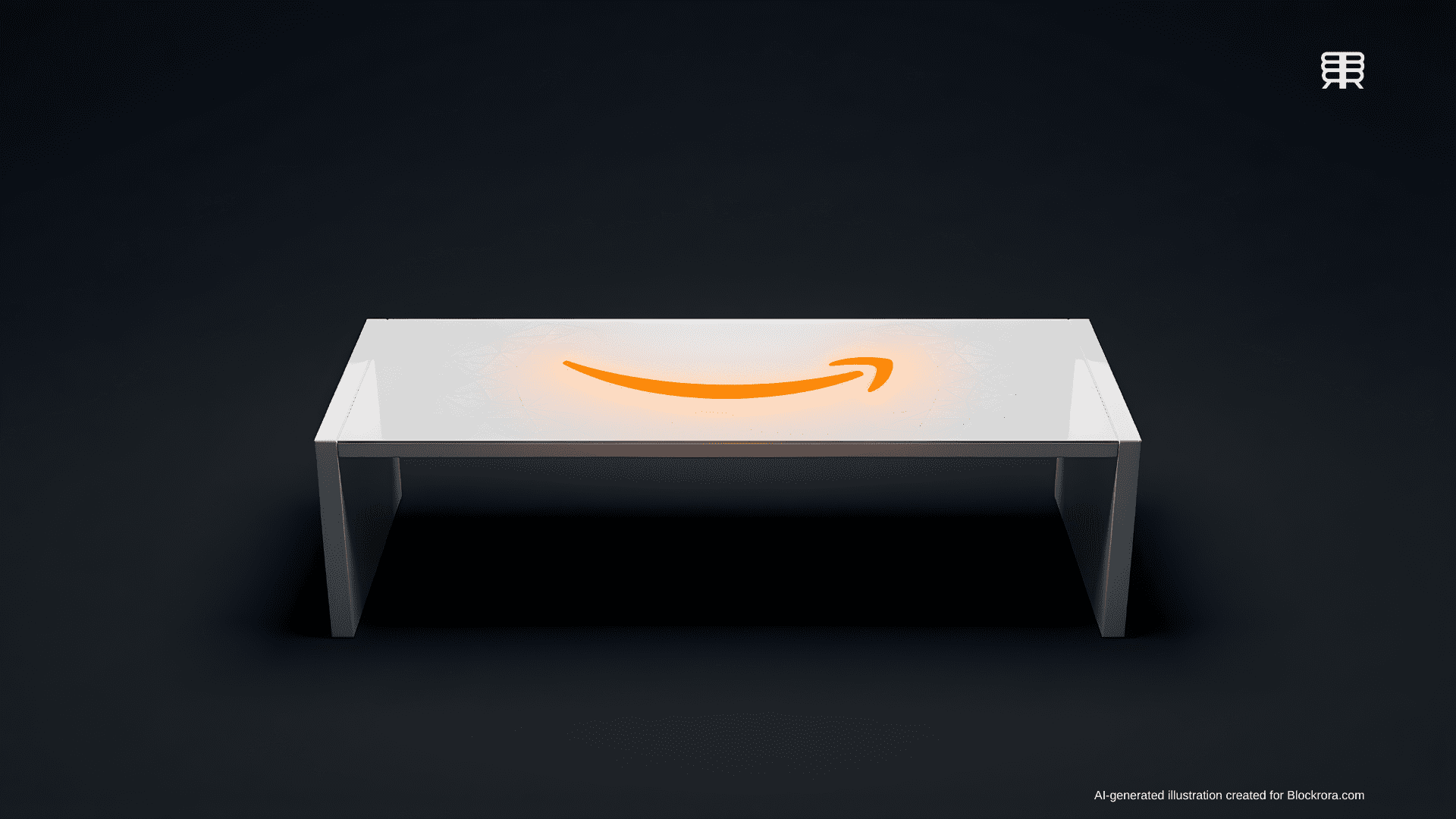 A sleek white smart table surface featuring a glowing orange Amazon smile logo surrounded by minimalist geometric etched patterns.