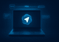 Futuristic laptop floating in a dark blue AI-inspired environment with the ChatGPT Atlas logo glowing on the screen, surrounded by holographic chat bubbles, data streams, and search elements symbolizing OpenAI’s next-generation browser.