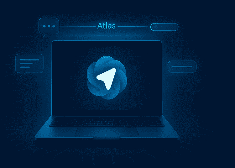 Futuristic laptop floating in a dark blue AI-inspired environment with the ChatGPT Atlas logo glowing on the screen, surrounded by holographic chat bubbles, data streams, and search elements symbolizing OpenAI’s next-generation browser.