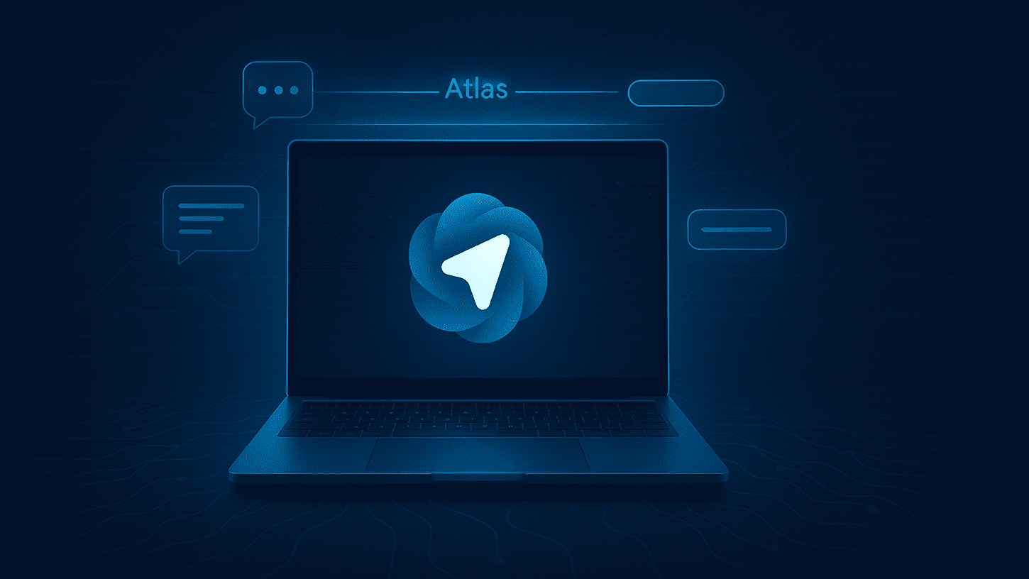 Futuristic laptop floating in a dark blue AI-inspired environment with the ChatGPT Atlas logo glowing on the screen, surrounded by holographic chat bubbles, data streams, and search elements symbolizing OpenAI’s next-generation browser.