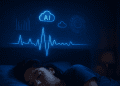 Digital illustration of a bed surrounded by glowing circuit patterns, representing data-driven sleep monitoring.