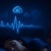 Digital illustration of a bed surrounded by glowing circuit patterns, representing data-driven sleep monitoring.