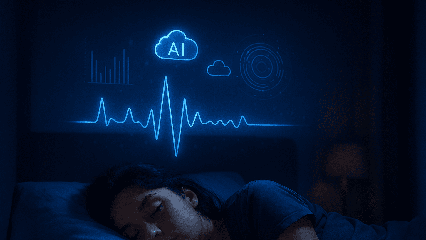 Digital illustration of a bed surrounded by glowing circuit patterns, representing data-driven sleep monitoring.