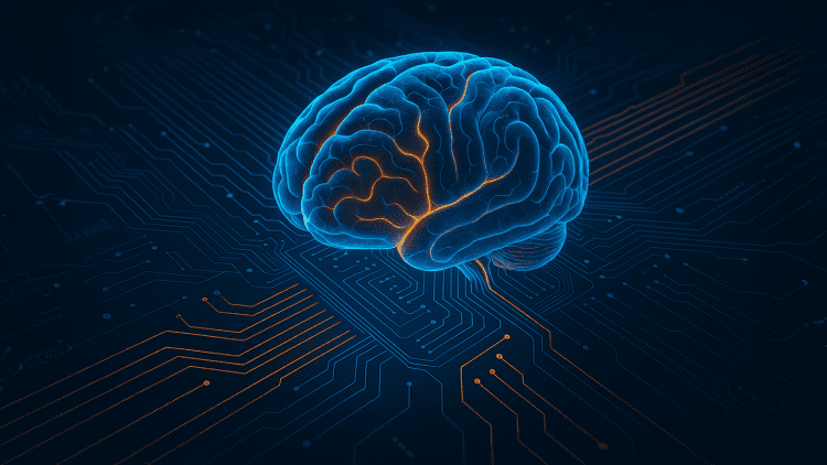 A detailed 3D visualization of a glowing human brain merging with electronic circuits, symbolizing the rise of wetware biocomputing and living computers.