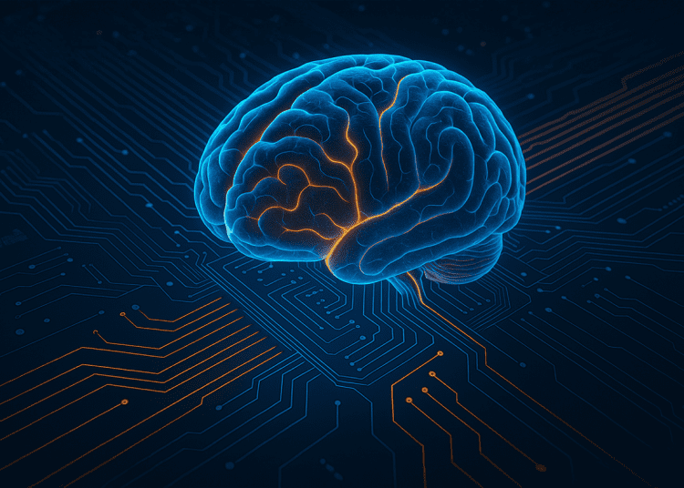 A detailed 3D visualization of a glowing human brain merging with electronic circuits, symbolizing the rise of wetware biocomputing and living computers.