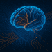 A detailed 3D visualization of a glowing human brain merging with electronic circuits, symbolizing the rise of wetware biocomputing and living computers.