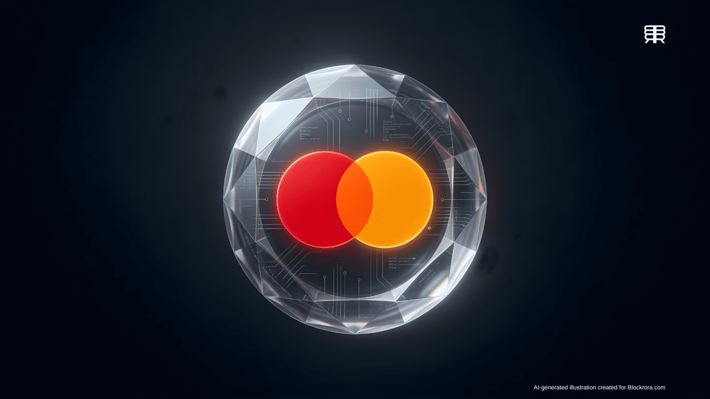 Mastercard logo glowing inside a digital crystalline stablecoin token representing the Zero Hash acquisition.