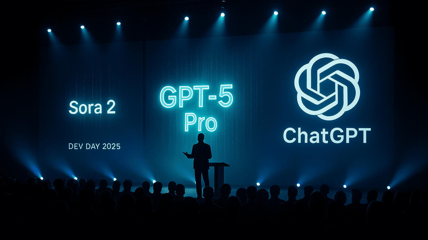 OpenAI Dev Day 2025 stage with audience watching the unveiling of GPT-5 Pro, Sora 2, and ChatGPT under blue lighting
