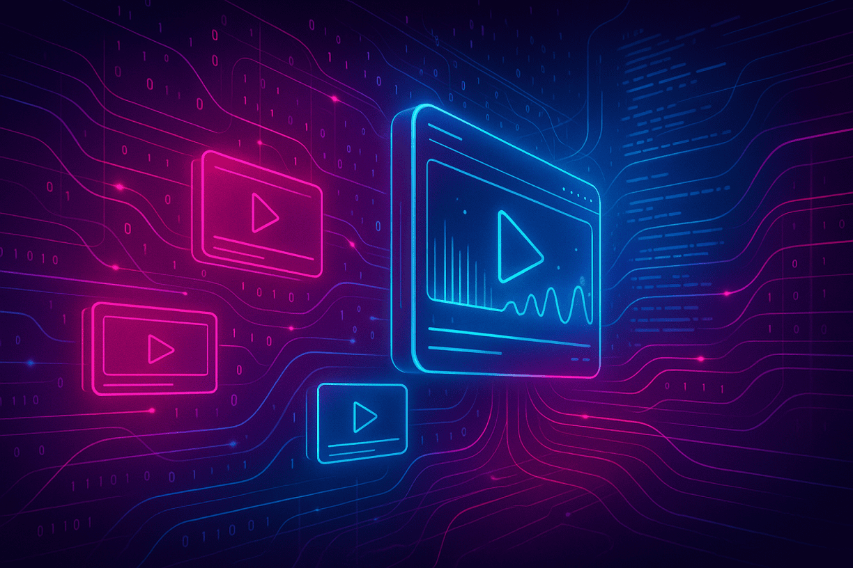 Futuristic neon digital illustration showing holographic video screens, binary code, and AI data streams symbolizing OpenAI’s Sora app and generative video technology.