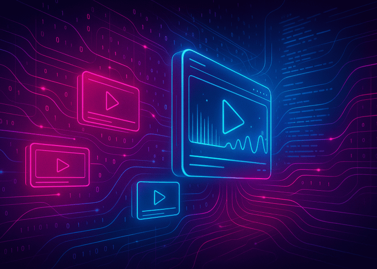 Futuristic neon digital illustration showing holographic video screens, binary code, and AI data streams symbolizing OpenAI’s Sora app and generative video technology.