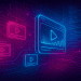 Futuristic neon digital illustration showing holographic video screens, binary code, and AI data streams symbolizing OpenAI’s Sora app and generative video technology.