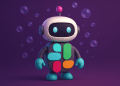 AI-generated 3D illustration of a friendly Slackbot robot inspired by the Slack logo, surrounded by glowing automation bubbles representing intelligent workspace productivity.