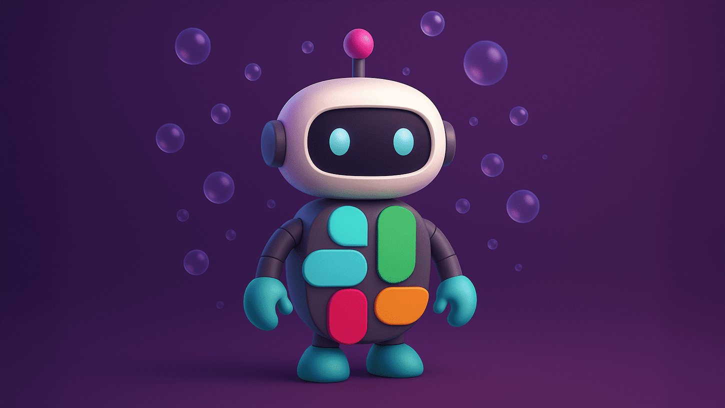 AI-generated 3D illustration of a friendly Slackbot robot inspired by the Slack logo, surrounded by glowing automation bubbles representing intelligent workspace productivity.
