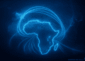 A glowing 3D digital map of Africa with illuminated subsea cable routes linking the continent to Europe and Asia, representing the 2Africa connectivity project.