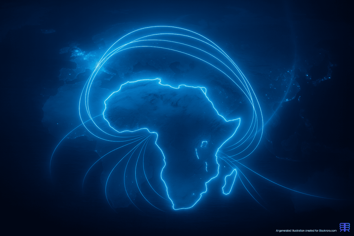 A glowing 3D digital map of Africa with illuminated subsea cable routes linking the continent to Europe and Asia, representing the 2Africa connectivity project.