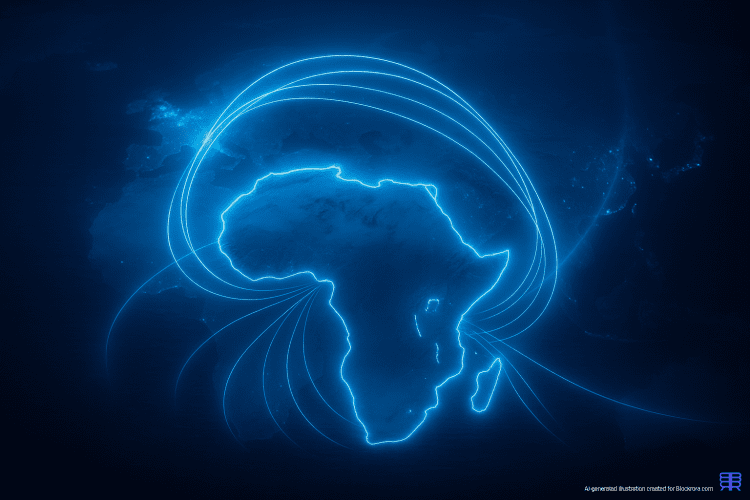 A glowing 3D digital map of Africa with illuminated subsea cable routes linking the continent to Europe and Asia, representing the 2Africa connectivity project.