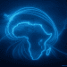 A glowing 3D digital map of Africa with illuminated subsea cable routes linking the continent to Europe and Asia, representing the 2Africa connectivity project.