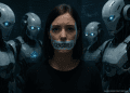 A 3D-rendered woman with “CENSORED” tape over her mouth surrounded by futuristic algorithmic robots monitoring her speech.