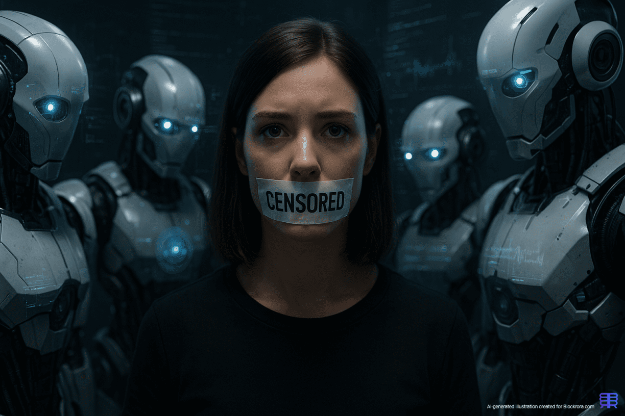 A 3D-rendered woman with “CENSORED” tape over her mouth surrounded by futuristic algorithmic robots monitoring her speech.