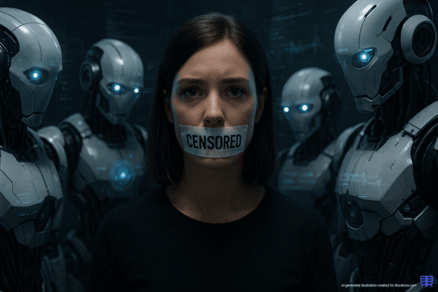 A 3D-rendered woman with “CENSORED” tape over her mouth surrounded by futuristic algorithmic robots monitoring her speech.
