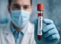 A medical professional holding a vial labeled “Alzheimer’s Test” in a bright modern lab, symbolizing early detection innovation.
