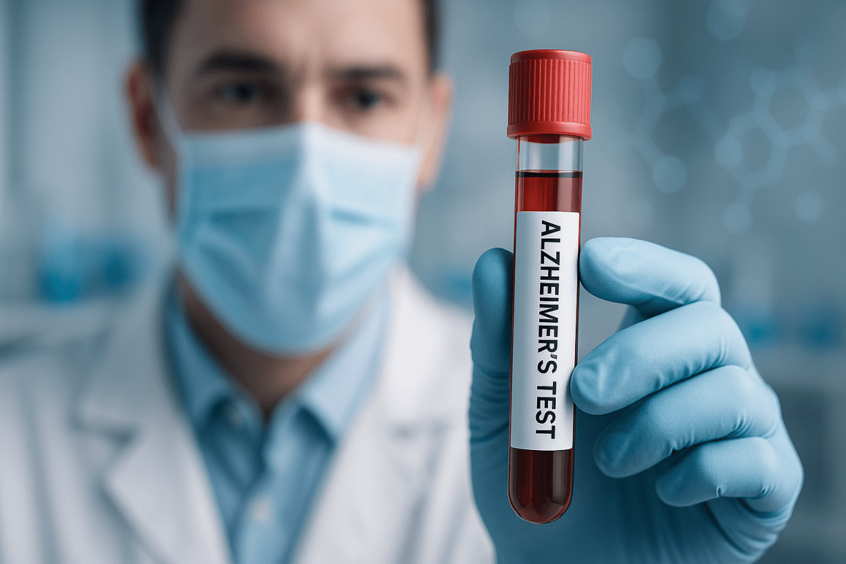 A medical professional holding a vial labeled “Alzheimer’s Test” in a bright modern lab, symbolizing early detection innovation.