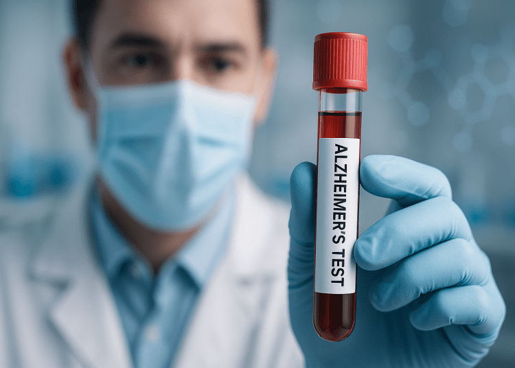 A medical professional holding a vial labeled “Alzheimer’s Test” in a bright modern lab, symbolizing early detection innovation.