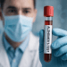 A medical professional holding a vial labeled “Alzheimer’s Test” in a bright modern lab, symbolizing early detection innovation.