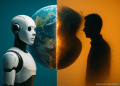 Photorealistic split-Earth scene with a humanoid robot featuring a home-assistant-style face on one side and a human silhouette dissolving into dust on the other, symbolizing AI replacing human roles.