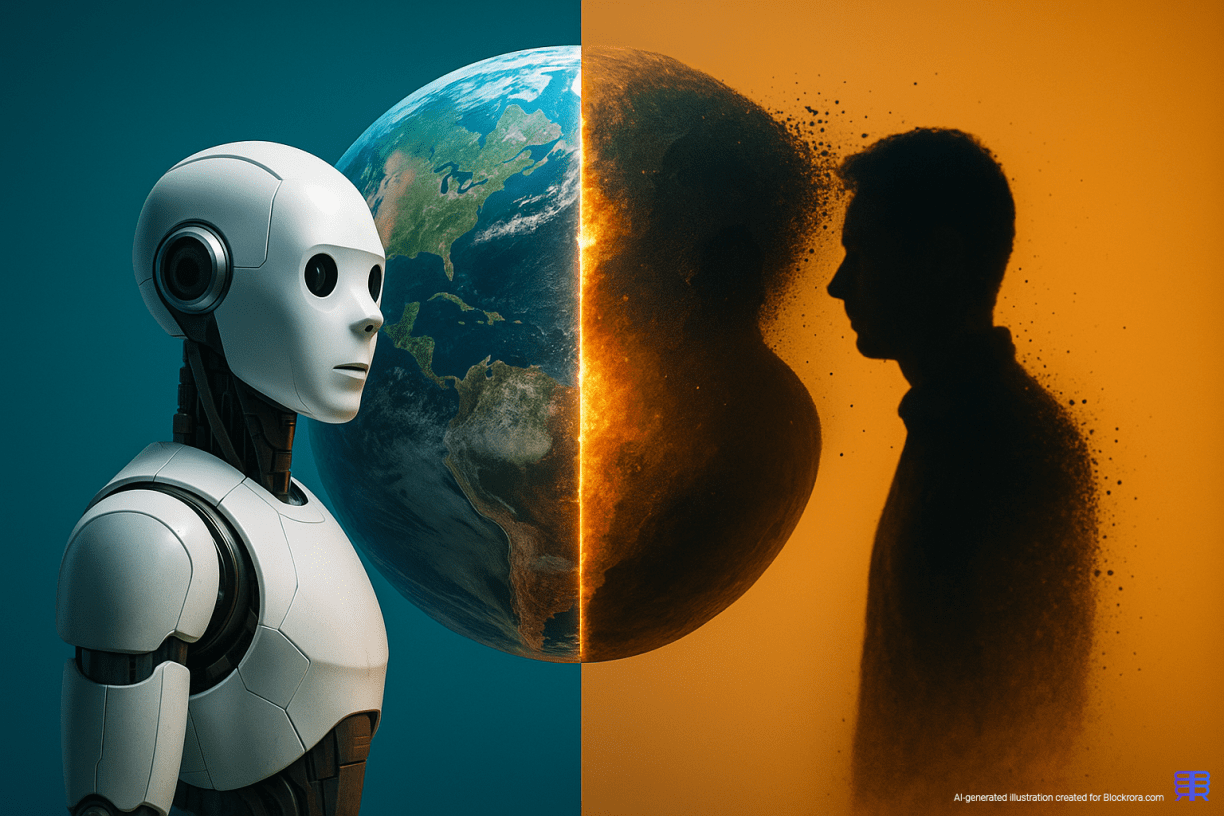 Photorealistic split-Earth scene with a humanoid robot featuring a home-assistant-style face on one side and a human silhouette dissolving into dust on the other, symbolizing AI replacing human roles.