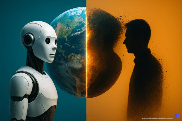 Photorealistic split-Earth scene with a humanoid robot featuring a home-assistant-style face on one side and a human silhouette dissolving into dust on the other, symbolizing AI replacing human roles.