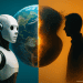 Photorealistic split-Earth scene with a humanoid robot featuring a home-assistant-style face on one side and a human silhouette dissolving into dust on the other, symbolizing AI replacing human roles.